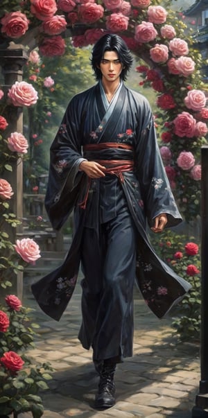 A beautiful young Japanese man, walking through a beautiful rose garden, very black hair, tall, many details, from medieval times. A traditional Japanese art