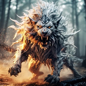(raw photo, highly detailed) A chimera, monster with Lion head, Legs of dragon, Tail of viper, and has wings of angle.  Wounded muscular body and agitated wet splashes of blood, Running wild in the dark misty misterious forest., Furry flowing mane, glowing orange eyes with electrifying gaze, terrifying roar, more detail XL, ethereal, close up