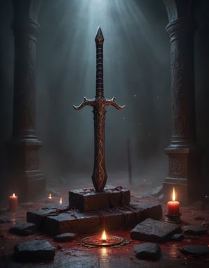 ethereal fantasy concept art of  a black sword with dark runes surrounded by shadows rests on a blood-stained sacrificial altar . magnificent, celestial, ethereal, painterly, epic, majestic, magical, fantasy art, cover art, dreamy