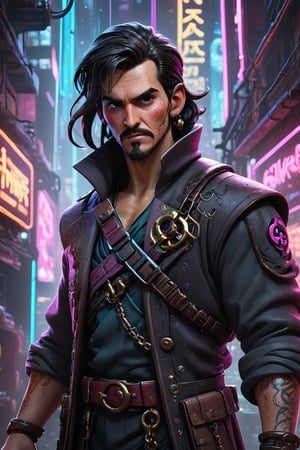 Immerse yourself in the cyberpunk realm as a hyper-realistic illustration materializes, featuring the iconic figure of Captain Hook. At its core, an intricately detailed hook steals the spotlight – a cybernetic marvel with metallic intricacies, intertwined with pulsating LED lights. The captain's weathered hand, a fusion of human resilience and technological augmentation, tightly grips the symbolic hook, embodying a lifetime of gritty battles and clandestine dealings in the digital underbelly. Amidst the backdrop of flickering neon lights and cascading lines of code, this 3D-generated masterpiece captures the essence of Hook's indomitable spirit, symbolizing the intertwining of humanity and technology in the cyberpunk tapestry.