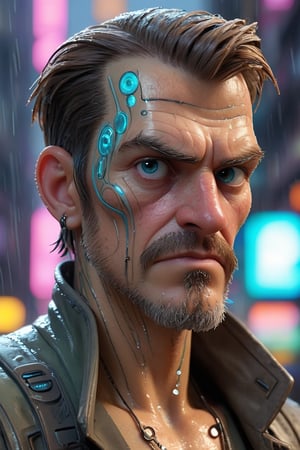 In the cyberpunk dystopia, envision a hyper-realistic portrait of Hook, the enigmatic captain navigating the neon-lit, rain-soaked alleys of a sprawling metropolis. His cybernetic eye gleams with the reflections of holographic billboards, betraying a history of battles in the data-driven underworld. Augmented with intricate neural interfaces, his weathered face bears the scars of both physical and digital combat. Strands of bioluminescent tattoos weave through his cyber-enhanced skin, a testament to the fusion of man and machine. With the city's chaotic energy as a backdrop, this 3D-generated masterpiece encapsulates Hook's gritty resilience, embodying the essence of a cybernetic sea captain in a world veiled in perpetual dusk.