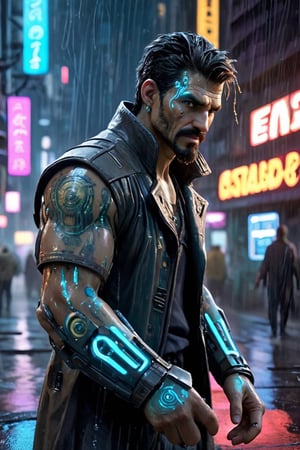 In the cyberpunk dystopia, envision a hyper-realistic portrait of Hook, the enigmatic captain navigating the neon-lit, rain-soaked alleys of a sprawling metropolis. His cybernetic eye gleams with the reflections of holographic billboards, betraying a history of battles in the data-driven underworld. Augmented with intricate neural interfaces, his weathered face bears the scars of both physical and digital combat. Strands of bioluminescent tattoos weave through his cyber-enhanced skin, a testament to the fusion of man and machine. With the city's chaotic energy as a backdrop, this 3D-generated masterpiece encapsulates Hook's gritty resilience, embodying the essence of a cybernetic sea captain in a world veiled in perpetual dusk.