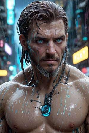 In the cyberpunk dystopia, envision a hyper-realistic upper body portrait of Hook, the enigmatic captain navigating the neon-lit, rain-soaked alleys of a sprawling metropolis. His cybernetic eye gleams with the reflections of holographic billboards, betraying a history of battles in the data-driven underworld. Augmented with intricate neural interfaces, his weathered face bears the scars of both physical and digital combat. Strands of bioluminescent tattoos weave through his cyber-enhanced skin, a testament to the fusion of man and machine. With the city's chaotic energy as a backdrop, this 3D-generated masterpiece encapsulates Hook's gritty resilience, embodying the essence of a cybernetic sea captain in a world veiled in perpetual dusk.
