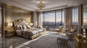 Photograph of a  beautiful luxurious bedroom,  Modern luxury penthouse apartment Interior Style, ((masterpiece))), best quality,ultra-detailed, 8k, wallpaper, extremely delicate and beautiful, highresolution, ray tracing, (realistic, photorealistic:1.4), professional lighting, photon mapping, radiosity, physically-based rendering, colorful modern Interior Design as seen on Dezeen