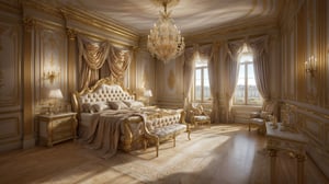 Photograph of a  beautiful luxurious bedroom, classical penny European Royal palace Interior design Style, ((masterpiece))), best quality,ultra-detailed, 8k, wallpaper, extremely delicate and beautiful, highresolution, ray tracing, (realistic, photorealistic:1.4), professional lighting, photon mapping, radiosity, physically-based rendering, colorful modern Interior Design as seen on Dezeen