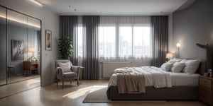 Professional photography, interior design magazine photo, beautiful elegant modern apartment Scandinavian bedroom, warm aesthetic, 8K, HDR, VRAY Rendering, Archintetiors, raytracing, sunny cinematic lighting, hyperdetailed, high resolution, Nikon D800, Canon 5D, Fujifilm, bokeh, ultra detailed, official art, unity 8k wallpaper, Realism