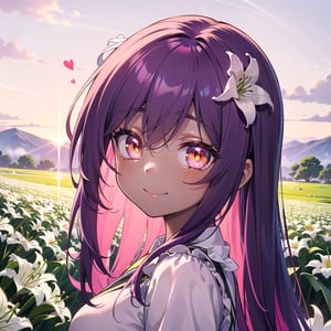 (masterpiece), best quality, expressive eyes, perfect face, hyper detailed, Beautiful, insanely detailed, very long hair, purple hair, disheveled hair, parted bangs, eroge, floating hair, yellow eyes, glowing eyes, freckles, dark skin, anime shading, cinematic, cinematic lighting, scenery, small boobs, girl, cute face, smiling, sfw, perfect anatomy, detailed face, detailed eyes, glowing eyes, sitting, valentines day, super cute dress, fully clothed, head shot, detailed face, floating hearts, love, (pink aura, pink fog, scenery, hearts everywhere, adult, flower field, lily field, lillies

Anime shading, Pink highlights, red shadows)