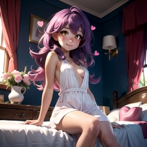 (masterpiece), best quality, expressive eyes, perfect face, hyper detailed, Beautiful, insanely detailed, very long hair, purple hair, disheveled hair, parted bangs, eroge, floating hair, yellow eyes, glowing eyes, freckles, dark skin, anime shading, cinematic, cinematic lighting, scenery, small boobs, girl, cute face, smiling, indoors, sfw, perfect anatomy, detailed face, detailed eyes, glowing eyes, sitting, valentines day, super cute dress, fully clothed, head shot
 detailed face, floating hearts, love, pink aura, pink fog, hearts everywhere, adult, bedroom, pink bedding,3d