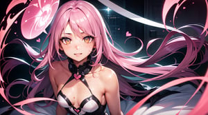 (masterpiece), best quality, expressive eyes, perfect face, hyper detailed, Beautiful, insanely detailed, very long hair, purple hair, disheveled hair, parted bangs, eroge, floating hair, yellow eyes, glowing eyes, freckles, dark skin, anime shading, cinematic, cinematic lighting, scenery, small boobs, girl, cute face, smiling, indoors, sfw, perfect anatomy, detailed face, detailed eyes, glowing eyes, sitting, valentines day, super cute dress, detailed face, floating hearts, love, sexy, pink aura, pink fog, hearts everywhere, adult, bedroom, pink bedding,Pixel art
