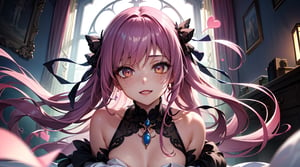 (masterpiece), best quality, expressive eyes, perfect face, hyper detailed, Beautiful, insanely detailed, very long hair, purple hair, disheveled hair, parted bangs, eroge, floating hair, yellow eyes, glowing eyes, freckles, dark skin, anime shading, cinematic, cinematic lighting, scenery, flat chest, modest, girl, cute face, smiling, indoors, sfw, perfect anatomy, detailed face, detailed eyes, glowing eyes, sitting, valentines day, super cute dress, detailed face, floating hearts, love, sexy, pink aura, pink fog, hearts everywhere, adult, bedroom, pink bedding,Pixel art