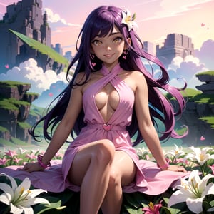 (masterpiece), best quality, expressive eyes, perfect face, hyper detailed, Beautiful, insanely detailed, very long hair, purple hair, disheveled hair, parted bangs, eroge, floating hair, yellow eyes, glowing eyes, freckles, dark skin, anime shading, cinematic, cinematic lighting, scenery, small boobs, girl, cute face, smiling, sfw, perfect anatomy, detailed face, detailed eyes, glowing eyes, sitting, valentines day, super cute dress, fully clothed, head shot, detailed face, floating hearts, love, (pink aura, pink fog, scenery, hearts everywhere, adult, flower field, lily field, lillies

Anime shading, Pink highlights, red shadows