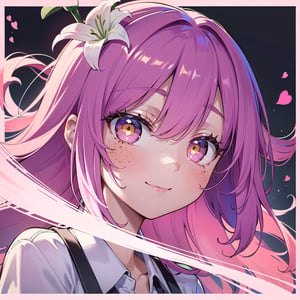 (masterpiece), best quality, expressive eyes, perfect face, hyper detailed, Beautiful, insanely detailed, very long hair, purple hair, disheveled hair, parted bangs, eroge, floating hair, yellow eyes, glowing eyes, freckles, dark skin, anime shading, cinematic, cinematic lighting, scenery, small boobs, girl, cute face, smiling, sfw, perfect anatomy, detailed face, detailed eyes, glowing eyes, sitting, valentines day, super cute dress, fully clothed, head shot, detailed face, floating hearts, love, (pink aura, pink fog, scenery, hearts everywhere, adult, flower field, lily field, lillies

Anime shading, Pink highlights, red shadows)