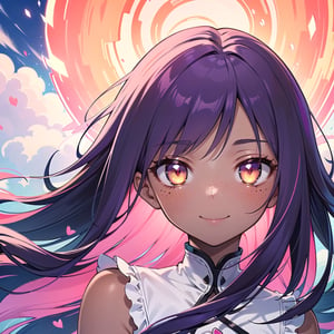 (masterpiece), best quality, expressive eyes, perfect face, hyper detailed, Beautiful, insanely detailed, very long hair, purple hair, disheveled hair, parted bangs, eroge, floating hair, yellow eyes, glowing eyes, freckles, dark skin, anime shading, cinematic, cinematic lighting, scenery, small boobs, girl, cute face, smiling, sfw, perfect anatomy, detailed face, detailed eyes, glowing eyes, sitting, valentines day, super cute dress, fully clothed, head shot, detailed face, floating hearts, love, (pink aura, pink fog, scenery, hearts everywhere, adult, flower field, lily field, lillies

Anime shading, Pink highlights, red shadows,Pixel art)