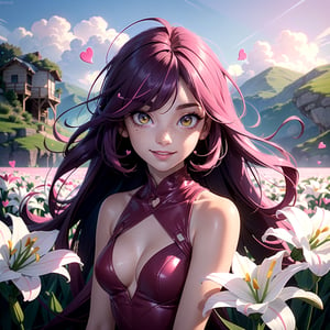 (masterpiece), best quality, expressive eyes, perfect face, hyper detailed, Beautiful, insanely detailed, very long hair, purple hair, disheveled hair, parted bangs, eroge, floating hair, yellow eyes, glowing eyes, freckles, dark skin, anime shading, cinematic, cinematic lighting, scenery, small boobs, girl, cute face, smiling, sfw, perfect anatomy, detailed face, detailed eyes, glowing eyes, sitting, valentines day, super cute dress, fully clothed, head shot, detailed face, floating hearts, love, (pink aura, pink fog, scenery, hearts everywhere, adult, flower field, lily field, lillies

Anime shading, Pink highlights, red shadows