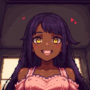 (masterpiece), best quality, expressive eyes, perfect face, hyper detailed, Beautiful, insanely detailed, very long hair, purple hair, disheveled hair, parted bangs, eroge, floating hair, yellow eyes, glowing eyes, freckles, dark skin, anime shading, cinematic, cinematic lighting, scenery, small boobs, girl, cute face, smiling, cute fang, indoors, sfw, perfect anatomy, detailed face, detailed eyes, glowing eyes, sitting, view from below, valentines day, super cute dress, detailed face, floating hearts, love, sexy, pink aura, pink fog, hearts everywhere, adult, bedroom, pink bedding,Pixel art