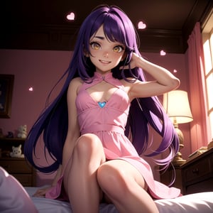 (masterpiece), best quality, expressive eyes, perfect face, hyper detailed, Beautiful, insanely detailed, very long hair, purple hair, disheveled hair, parted bangs, eroge, floating hair, yellow eyes, glowing eyes, freckles, dark skin, anime shading, cinematic, cinematic lighting, scenery, small boobs, girl, cute face, smiling, cute fang, indoors, sfw, perfect anatomy, detailed face, detailed eyes, glowing eyes, sitting, view from below, valentines day, super cute dress, detailed face, floating hearts, love, sexy, pink aura, pink fog, hearts everywhere, adult, bedroom, pink bedding,3d