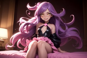 (masterpiece), best quality, expressive eyes, perfect face, hyper detailed, Beautiful, insanely detailed, very long hair, purple hair, disheveled hair, parted bangs, eroge, floating hair, yellow eyes, glowing eyes, freckles, dark skin, anime shading, cinematic, cinematic lighting, scenery, small boobs, girl, cute face, smiling, cute fang, indoors, sfw, perfect anatomy, detailed face, detailed eyes, glowing eyes, sitting, valentines day, super cute dress, detailed face, floating hearts, love, sexy, pink aura, pink fog, hearts everywhere, adult, bedroom, pink bedding,3d