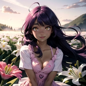 (masterpiece), best quality, expressive eyes, perfect face, hyper detailed, Beautiful, insanely detailed, very long hair, purple hair, disheveled hair, parted bangs, eroge, floating hair, yellow eyes, glowing eyes, freckles, dark skin, anime shading, cinematic, cinematic lighting, scenery, small boobs, girl, cute face, smiling, sfw, perfect anatomy, detailed face, detailed eyes, glowing eyes, sitting, valentines day, super cute dress, fully clothed, head shot, detailed face, floating hearts, love, pink aura, pink fog, scenery, hearts everywhere, adult, flower field, lily field, lillies

Anime shading, Pink highlights, red shadows