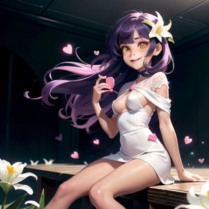 (masterpiece), best quality, expressive eyes, perfect face, hyper detailed, Beautiful, insanely detailed, very long hair, purple hair, disheveled hair, parted bangs, eroge, floating hair, yellow eyes, glowing eyes, freckles, dark skin, anime shading, cinematic, cinematic lighting, scenery, small boobs, girl, cute face, smiling, indoors, sfw, perfect anatomy, detailed face, detailed eyes, glowing eyes, sitting, valentines day, super cute dress, fully clothed, head shot, detailed face, floating hearts, love, pink aura, pink fog, hearts everywhere, adult, flower field, lily field, lillies