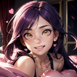 (masterpiece), best quality, expressive eyes, perfect face, hyper detailed, Beautiful, insanely detailed, very long hair, purple hair, disheveled hair, parted bangs, eroge, floating hair, yellow eyes, glowing eyes, freckles, dark skin, anime shading, cinematic, cinematic lighting, scenery, small boobs, girl, cute face, smiling, indoors, sfw, perfect anatomy, detailed face, detailed eyes, glowing eyes, sitting, valentines day, super cute dress, fully clothed, head shot
 detailed face, floating hearts, love, pink aura, pink fog, hearts everywhere, adult, bedroom, pink bedding