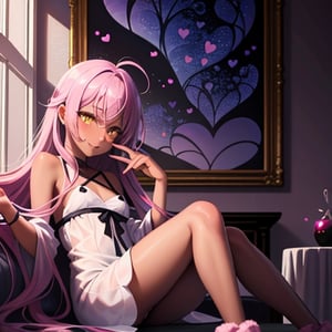 (masterpiece), best quality, expressive eyes, perfect face, hyper detailed, Beautiful, insanely detailed, very long hair, purple hair, disheveled hair, parted bangs, eroge, floating hair, yellow eyes, glowing eyes, freckles, dark skin, anime shading, cinematic, cinematic lighting, scenery, small boobs, girl, cute face, smiling, indoors, sfw, perfect anatomy, detailed face, detailed eyes, glowing eyes, sitting, valentines day, super cute dress, fully clothed,
 detailed face, floating hearts, love, pink aura, pink fog, hearts everywhere, adult, bedroom, pink bedding,<lora:659111690174031528:1.0>