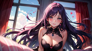 (masterpiece), best quality, expressive eyes, perfect face, hyper detailed, Beautiful, insanely detailed, very long hair, purple hair, disheveled hair, parted bangs, eroge, floating hair, yellow eyes, glowing eyes, freckles, dark skin, anime shading, cinematic, cinematic lighting, scenery, ((Modest)), girl, cute face, smiling, indoors, sfw, perfect anatomy, detailed face, detailed eyes, glowing eyes, sitting, valentines day, super cute dress, detailed face, floating hearts, love, sexy, pink aura, pink fog, hearts everywhere, adult, bedroom, pink bedding,Pixel art