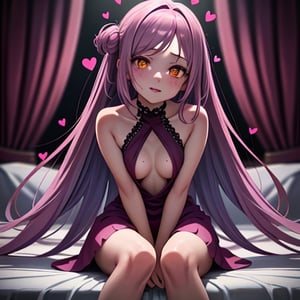 (masterpiece), best quality, expressive eyes, perfect face, hyper detailed, Beautiful, insanely detailed, very long hair, purple hair, disheveled hair, parted bangs, eroge, floating hair, yellow eyes, glowing eyes, freckles, dark skin, anime shading, cinematic, cinematic lighting, scenery, small boobs, girl, cute face, smiling, indoors, sfw, perfect anatomy, detailed face, detailed eyes, glowing eyes, sitting, valentines day, super cute dress, fully clothed,
 detailed face, floating hearts, love, pink aura, pink fog, hearts everywhere, adult, bedroom, pink bedding,<lora:659111690174031528:1.0>