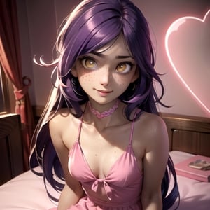 (masterpiece), best quality, expressive eyes, perfect face, hyper detailed, Beautiful, insanely detailed, very long hair, purple hair, disheveled hair, parted bangs, eroge, floating hair, yellow eyes, glowing eyes, freckles, dark skin, anime shading, cinematic, cinematic lighting, scenery, small boobs, girl, cute face, smiling, indoors, sfw, perfect anatomy, detailed face, detailed eyes, glowing eyes, sitting, valentines day, super cute dress, fully clothed, head shot
 detailed face, floating hearts, love, pink aura, pink fog, hearts everywhere, adult, bedroom, pink bedding,3d