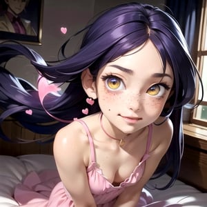 (masterpiece), best quality, expressive eyes, perfect face, hyper detailed, Beautiful, insanely detailed, very long hair, purple hair, disheveled hair, parted bangs, eroge, floating hair, yellow eyes, glowing eyes, freckles, dark skin, anime shading, cinematic, cinematic lighting, scenery, small boobs, girl, cute face, smiling, indoors, sfw, perfect anatomy, detailed face, detailed eyes, glowing eyes, sitting, valentines day, super cute dress, fully clothed, head shot
 detailed face, floating hearts, love, pink aura, pink fog, hearts everywhere, adult, bedroom, pink bedding