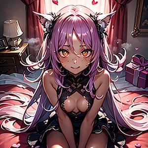 (masterpiece), best quality, expressive eyes, perfect face, hyper detailed, Beautiful, insanely detailed, very long hair, purple hair, disheveled hair, parted bangs, eroge, floating hair, yellow eyes, glowing eyes, freckles, dark skin, anime shading, cinematic, cinematic lighting, scenery, small boobs, girl, cute face, smiling, indoors, sfw, perfect anatomy, detailed face, detailed eyes, glowing eyes, sitting, valentines day, super cute dress, fully clothed,
 detailed face, floating hearts, love, pink aura, pink fog, hearts everywhere, adult, bedroom, pink bedding