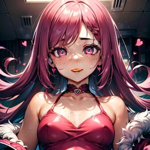 (masterpiece), best quality, expressive eyes, perfect face, hyper detailed, Beautiful, insanely detailed, very long hair, purple hair, disheveled hair, parted bangs, eroge, floating hair, yellow eyes, glowing eyes, freckles, dark skin, anime shading, cinematic, cinematic lighting, scenery, small boobs, girl, cute face, smiling, indoors, sfw, perfect anatomy, detailed face, detailed eyes, glowing eyes, sitting, valentines day, super cute dress, fully clothed,
 detailed face, floating hearts, love, pink aura, pink fog, hearts everywhere, adult, bedroom, pink bedding