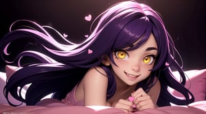 (masterpiece), best quality, expressive eyes, perfect face, hyper detailed, Beautiful, insanely detailed, very long hair, purple hair, disheveled hair, parted bangs, eroge, floating hair, yellow eyes, glowing eyes, freckles, dark skin, anime shading, cinematic, cinematic lighting, scenery, small boobs, girl, cute face, smiling, cute fang, indoors, sfw, perfect anatomy, detailed face, detailed eyes, glowing eyes, sitting, valentines day, super cute dress, detailed face, floating hearts, love, sexy, pink aura, pink fog, hearts everywhere, adult, bedroom, pink bedding,3d
