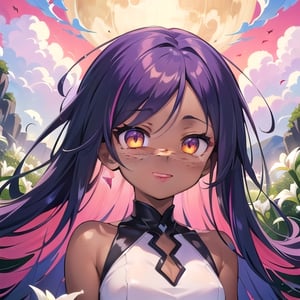 (masterpiece), best quality, expressive eyes, perfect face, hyper detailed, Beautiful, insanely detailed, very long hair, purple hair, disheveled hair, parted bangs, eroge, floating hair, yellow eyes, glowing eyes, freckles, dark skin, anime shading, cinematic, cinematic lighting, scenery, small boobs, girl, cute face, smiling, sfw, perfect anatomy, detailed face, detailed eyes, glowing eyes, sitting, valentines day, super cute dress, fully clothed, head shot, detailed face, floating hearts, love, pink aura, pink fog, scenery, hearts everywhere, adult, flower field, lily field, lillies

Anime shading, Pink highlights, red shadows,Pixel art