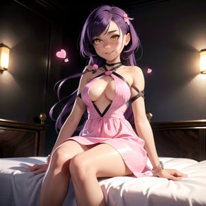 (masterpiece), best quality, expressive eyes, perfect face, hyper detailed, Beautiful, insanely detailed, very long hair, purple hair, disheveled hair, parted bangs, eroge, floating hair, yellow eyes, glowing eyes, freckles, dark skin, anime shading, cinematic, cinematic lighting, scenery, small boobs, girl, cute face, smiling, indoors, sfw, perfect anatomy, detailed face, detailed eyes, glowing eyes, sitting, valentines day, super cute dress, fully clothed,
 detailed face, floating hearts, love, pink aura, pink fog, hearts everywhere, adult, bedroom, pink bedding,3d