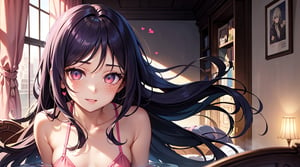 (masterpiece), best quality, expressive eyes, perfect face, hyper detailed, Beautiful, insanely detailed, very long hair, purple hair, disheveled hair, parted bangs, eroge, floating hair, yellow eyes, glowing eyes, freckles, dark skin, anime shading, cinematic, cinematic lighting, scenery, small boobs, girl, cute face, smiling, indoors, sfw, perfect anatomy, detailed face, detailed eyes, glowing eyes, sitting, valentines day, super cute dress, detailed face, floating hearts, love, sexy, pink aura, pink fog, hearts everywhere, adult, bedroom, pink bedding,Pixel art