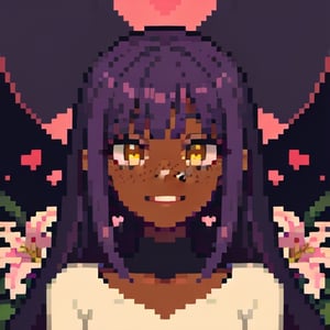 (masterpiece), best quality, expressive eyes, perfect face, hyper detailed, Beautiful, insanely detailed, very long hair, purple hair, disheveled hair, parted bangs, eroge, floating hair, yellow eyes, glowing eyes, freckles, dark skin, anime shading, cinematic, cinematic lighting, scenery, small boobs, girl, cute face, smiling, sfw, perfect anatomy, detailed face, detailed eyes, glowing eyes, sitting, valentines day, super cute dress, fully clothed, head shot, detailed face, floating hearts, love, pink aura, pink fog, scenery, hearts everywhere, adult, flower field, lily field, lillies

Anime shading, Pink highlights, red shadows,Pixel art