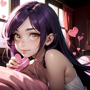 (masterpiece), best quality, expressive eyes, perfect face, hyper detailed, Beautiful, insanely detailed, very long hair, purple hair, disheveled hair, parted bangs, eroge, floating hair, yellow eyes, glowing eyes, freckles, dark skin, anime shading, cinematic, cinematic lighting, scenery, small boobs, girl, cute face, smiling, indoors, sfw, perfect anatomy, detailed face, detailed eyes, glowing eyes, sitting, valentines day, super cute dress, fully clothed, ((head shot)), detailed face, floating hearts, love, pink aura, pink fog, hearts everywhere, adult, bedroom, pink bedding