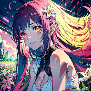 (masterpiece), best quality, expressive eyes, perfect face, hyper detailed, Beautiful, insanely detailed, very long hair, purple hair, disheveled hair, parted bangs, eroge, floating hair, yellow eyes, glowing eyes, freckles, dark skin, anime shading, cinematic, cinematic lighting, scenery, small boobs, girl, cute face, smiling, sfw, perfect anatomy, detailed face, detailed eyes, glowing eyes, sitting, valentines day, super cute dress, fully clothed, head shot, detailed face, floating hearts, love, (pink aura, pink fog, scenery, hearts everywhere, adult, flower field, lily field, lillies

Anime shading, Pink highlights, red shadows,Pixel art),Pixel art