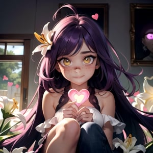 (masterpiece), best quality, expressive eyes, perfect face, hyper detailed, Beautiful, insanely detailed, very long hair, purple hair, disheveled hair, parted bangs, eroge, floating hair, yellow eyes, glowing eyes, freckles, dark skin, anime shading, cinematic, cinematic lighting, scenery, small boobs, girl, cute face, smiling, indoors, sfw, perfect anatomy, detailed face, detailed eyes, glowing eyes, sitting, valentines day, super cute dress, fully clothed, head shot, detailed face, floating hearts, love, pink aura, pink fog, hearts everywhere, adult, flower field, lily field, lillies