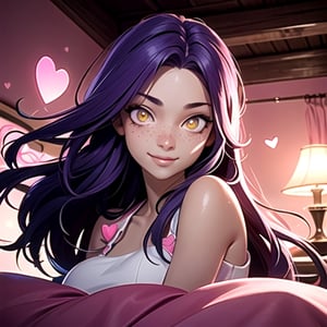 (masterpiece), best quality, expressive eyes, perfect face, hyper detailed, Beautiful, insanely detailed, very long hair, purple hair, disheveled hair, parted bangs, eroge, floating hair, yellow eyes, glowing eyes, freckles, dark skin, anime shading, cinematic, cinematic lighting, scenery, small boobs, girl, cute face, smiling, indoors, sfw, perfect anatomy, detailed face, detailed eyes, glowing eyes, sitting, valentines day, super cute dress, fully clothed,
 detailed face, floating hearts, love, pink aura, pink fog, hearts everywhere, adult, bedroom, pink bedding,3d