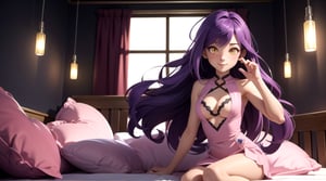 (masterpiece), best quality, expressive eyes, perfect face, hyper detailed, Beautiful, insanely detailed, very long hair, purple hair, disheveled hair, parted bangs, eroge, floating hair, yellow eyes, glowing eyes, freckles, dark skin, anime shading, cinematic, cinematic lighting, scenery, small boobs, girl, cute face, smiling, indoors, sfw, perfect anatomy, detailed face, detailed eyes, glowing eyes, sitting, valentines day, super cute dress, detailed face, floating hearts, love, sexy, pink aura, pink fog, hearts everywhere, adult, bedroom, pink bedding,3d