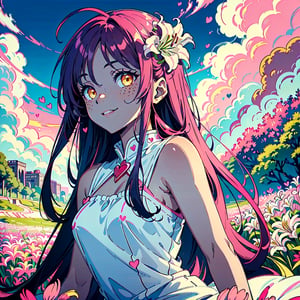 (masterpiece), best quality, expressive eyes, perfect face, hyper detailed, Beautiful, insanely detailed, very long hair, purple hair, disheveled hair, parted bangs, eroge, floating hair, yellow eyes, glowing eyes, freckles, dark skin, anime shading, cinematic, cinematic lighting, scenery, small boobs, girl, cute face, smiling, sfw, perfect anatomy, detailed face, detailed eyes, glowing eyes, sitting, valentines day, super cute dress, fully clothed, head shot, detailed face, floating hearts, love, (pink aura, pink fog, scenery, hearts everywhere, adult, flower field, lily field, lillies

Anime shading, Pink highlights, red shadows,Pixel art),Pixel art