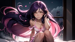 (masterpiece), best quality, expressive eyes, perfect face, hyper detailed, Beautiful, insanely detailed, very long hair, purple hair, disheveled hair, parted bangs, eroge, floating hair, yellow eyes, glowing eyes, freckles, dark skin, anime shading, cinematic, cinematic lighting, scenery, small boobs, girl, cute face, smiling, indoors, sfw, perfect anatomy, detailed face, detailed eyes, glowing eyes, sitting, valentines day, super cute dress, detailed face, floating hearts, love, sexy, pink aura, pink fog, hearts everywhere, adult, bedroom, pink bedding