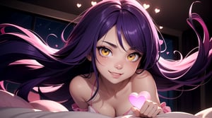 (masterpiece), best quality, expressive eyes, perfect face, hyper detailed, Beautiful, insanely detailed, very long hair, purple hair, disheveled hair, parted bangs, eroge, floating hair, yellow eyes, glowing eyes, freckles, dark skin, anime shading, cinematic, cinematic lighting, scenery, small boobs, girl, cute face, smiling, indoors, sfw, perfect anatomy, detailed face, detailed eyes, glowing eyes, sitting, valentines day, super cute dress, detailed face, floating hearts, love, sexy, pink aura, pink fog, hearts everywhere, adult, bedroom, pink bedding