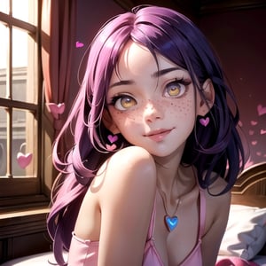 (masterpiece), best quality, expressive eyes, perfect face, hyper detailed, Beautiful, insanely detailed, very long hair, purple hair, disheveled hair, parted bangs, eroge, floating hair, yellow eyes, glowing eyes, freckles, dark skin, anime shading, cinematic, cinematic lighting, scenery, small boobs, girl, cute face, smiling, indoors, sfw, perfect anatomy, detailed face, detailed eyes, glowing eyes, sitting, valentines day, super cute dress, fully clothed, ((head shot)), detailed face, floating hearts, love, pink aura, pink fog, hearts everywhere, adult, bedroom, pink bedding
