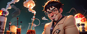 1 crazy scientist wearing big glasses doing crazy experiment in a weird lab, (looking like Brad Pit:1.4), (wearing a white lab coat:1.2), smiling, medium body shot, explosion, smoke, 4k, photorealistic, depth of field, highly detailed, (dark background:1.2)