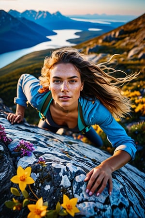 Analogue/Beauty/Candid/Documentary/Glamour/Instant/Modernist/Paparazzi photography, wide-angle photo, Cinematic results, portrait of beautiful girl  climbing a rock, she has flowy hair with colorful flowers cascading out of it, colorful rendition, ultradetailed face,  Freckles and dry skin, 8k UHD, professional results ,, wide-angle, sky view with wispy clouds ,EpicSky, golden hour, close-up, mountain views, hiking clothes,  8 K ,  highe Definisjon, uhd, soft light, 