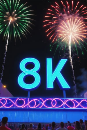  8 k , on a big neon sign,  fireworks in background 