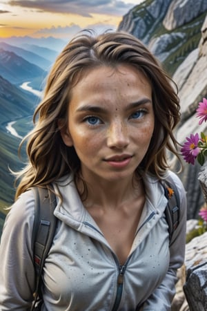 A high definition and a hige resolutions photography, wide-angle photo, Cinematic results, portrait of beautiful girl  climbing a rock, she has flowy hair with colorful flowers cascading out of it, colorful rendition, ultradetailed face,  Freckles and dry skin, 8k UHD, professional results , sharp focus on face, wide-angle, sky view with wispy clouds ,EpicSky, golden hour, close-up, mountain views, hiking clothes, sunset, 4 K, 8 K ,  highe Definisjon, uhd, soft light, warm light,