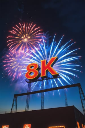  8 k , on a big neon sign,  fireworks in background 